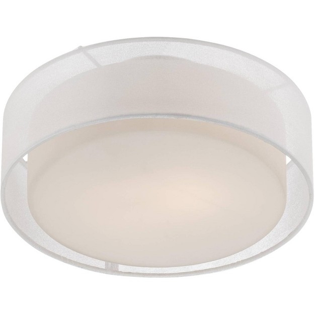 Wide Satin Nickel 2 light Sheer White Fabric Opal Glass Drum Shade For Bedroom