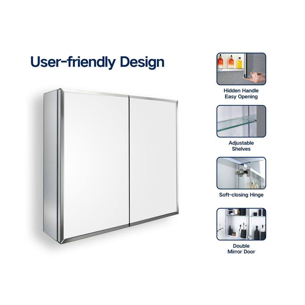 UPIKER 30 in. W x 26 in. H Large Rectangular Silver Aluminum Recessed or Surface Mount Medicine Cabinet with Mirror UP2208MCR30004