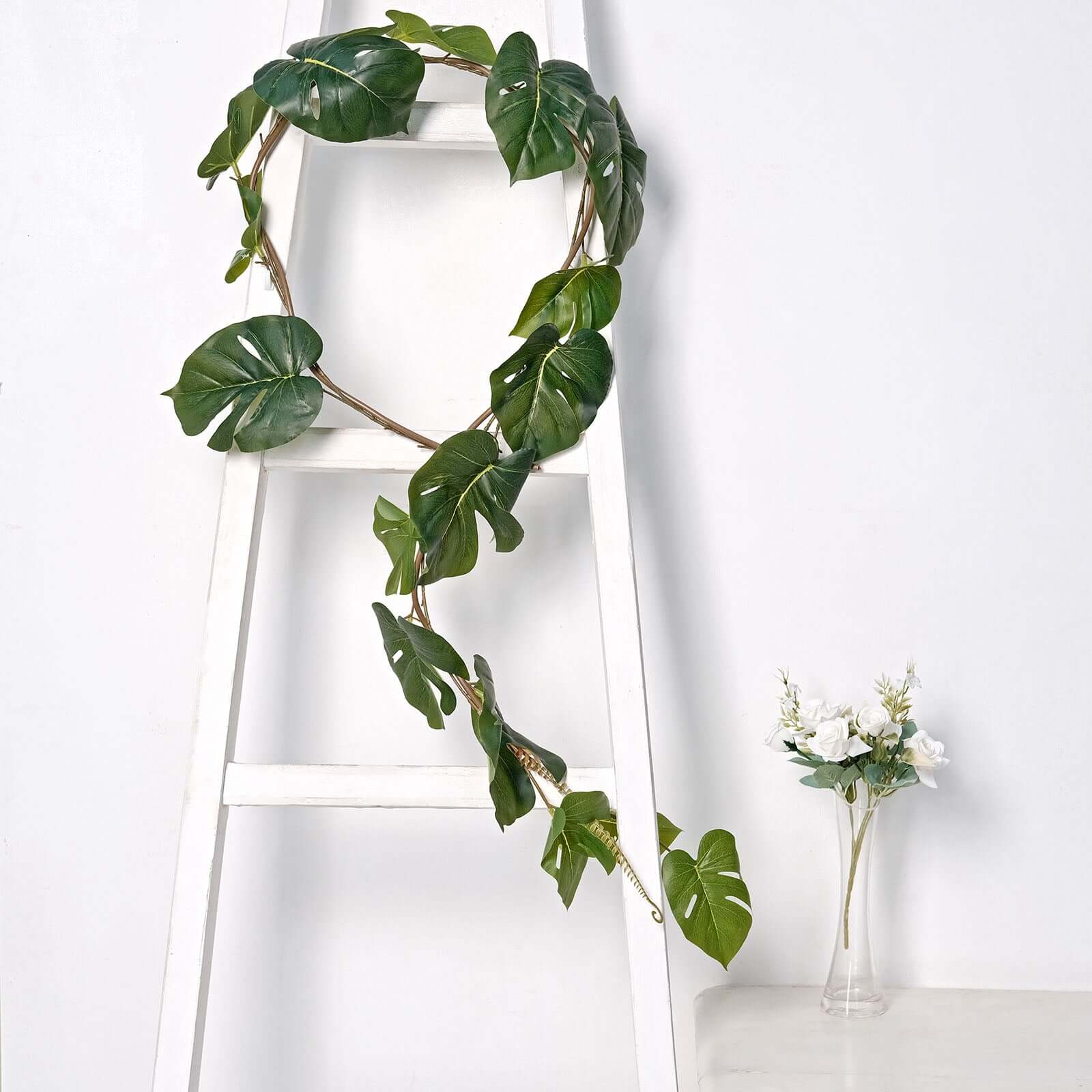 Light Green Artificial Monstera Leaf Garland Plant, Tropical Vine, Flexible Faux Hanging Jungle Safari Greenery 6ft