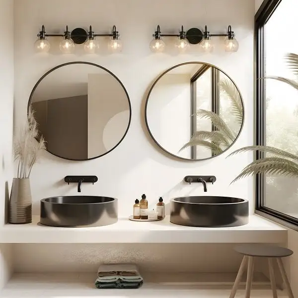 Olia Mid-Century Modern Black Linear Bathroom Vanity Lights Dimmable Clear Glass Wall Sconces