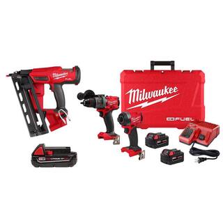 MW M18 FUEL Brushless 16-Gauge Cordless NailerM18 Hammer Drill  Impact Driver Combo Kit w 2 BatteriesM18 2.0 Ah Battery 2841-20-48-11-1820-3697-22