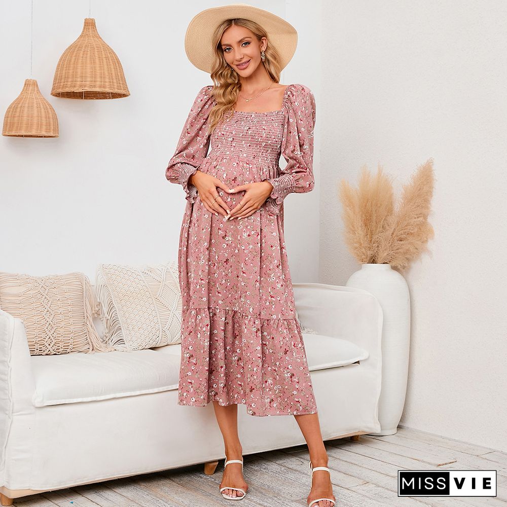 Elegant Floral Print Dresses Women Summer Dresses New Folds Loose High Waist Full Flare Sleeve Ruffled A-line Dress