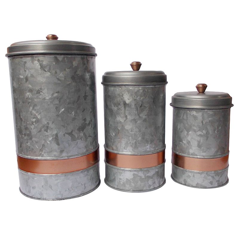 Benzara Galvanized Metal Lidded Canister With Copper Band， Set of Three， Gray