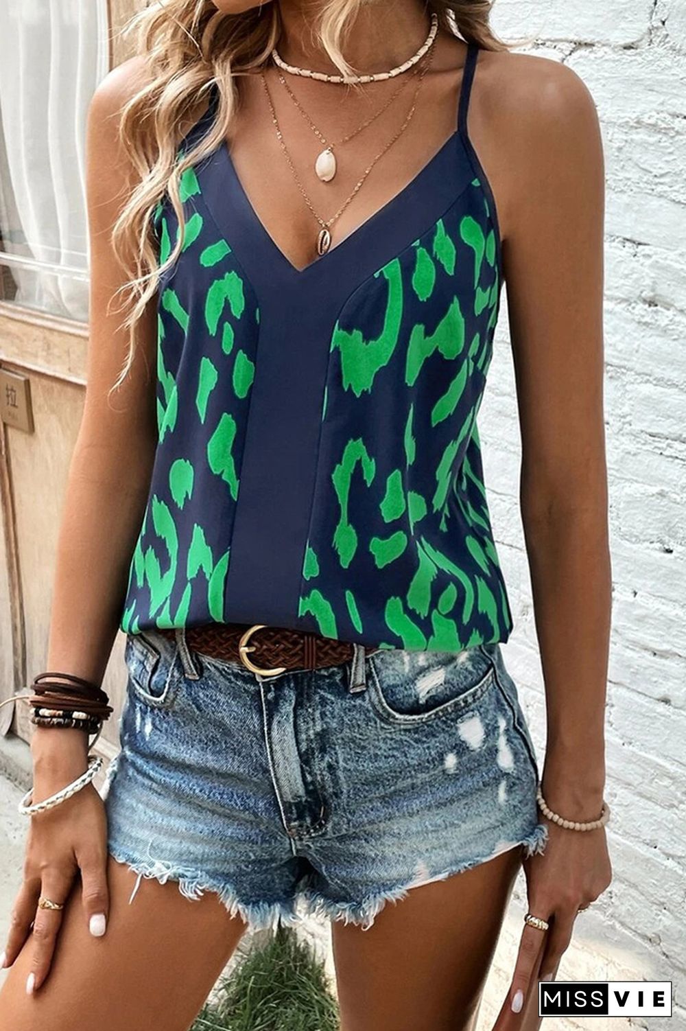 V Neck Leopard Spaghetti Cami Top