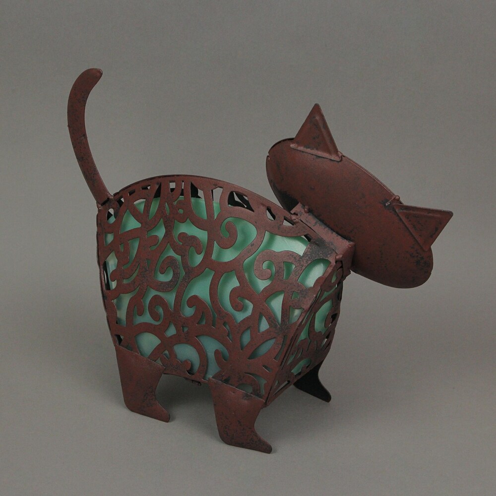 Adorable Brown Metal Kitty Cat Or Puppy Dog Led Solar Garden Statue