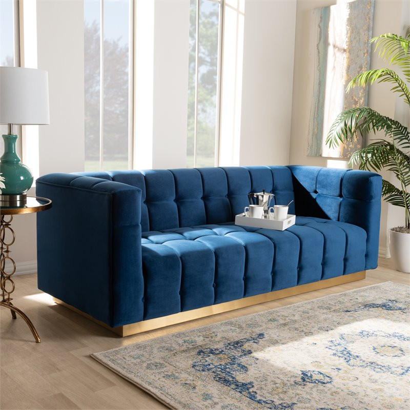 Baxton Studio Modern Loreto Velvet and Gold Finish Sofa in Navy Blue   Contemporary   Sofas   by Skyline Decor  Houzz