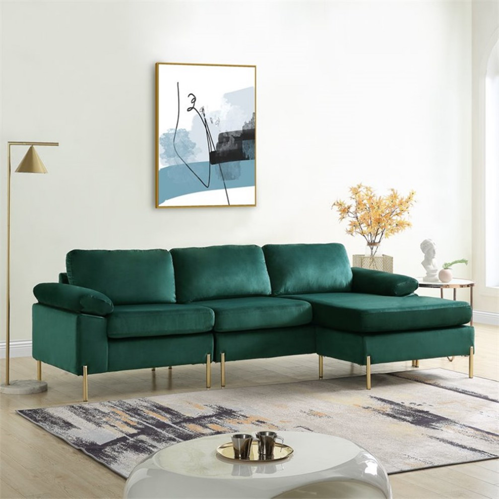 Devion Furniture Modern Velvet Sectional Sofa in Green/Gold legs   Sofas   by Homesquare  Houzz