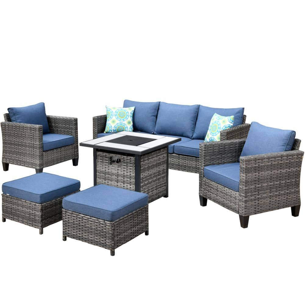 XIZZI Megon Holly 6-Piece Wicker Outdoor Patio Fire Pit Seating Sofa Set with Denim Blue Cushions FPGRS306DB