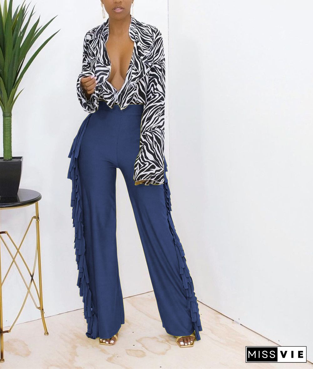 High Waist Tassel Side Straight Wide Leg Pants