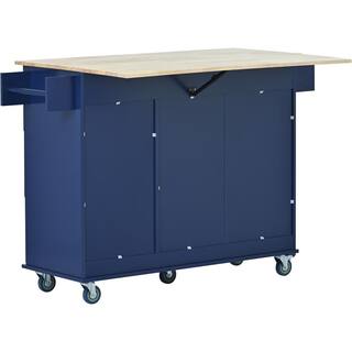 Aoibox Dark Blue Solid Wood Top 52.7 in. W Rolling Mobile Kitchen Island with Drop Leaf Locking Wheels and Storage Cabinet SNSA11IN015