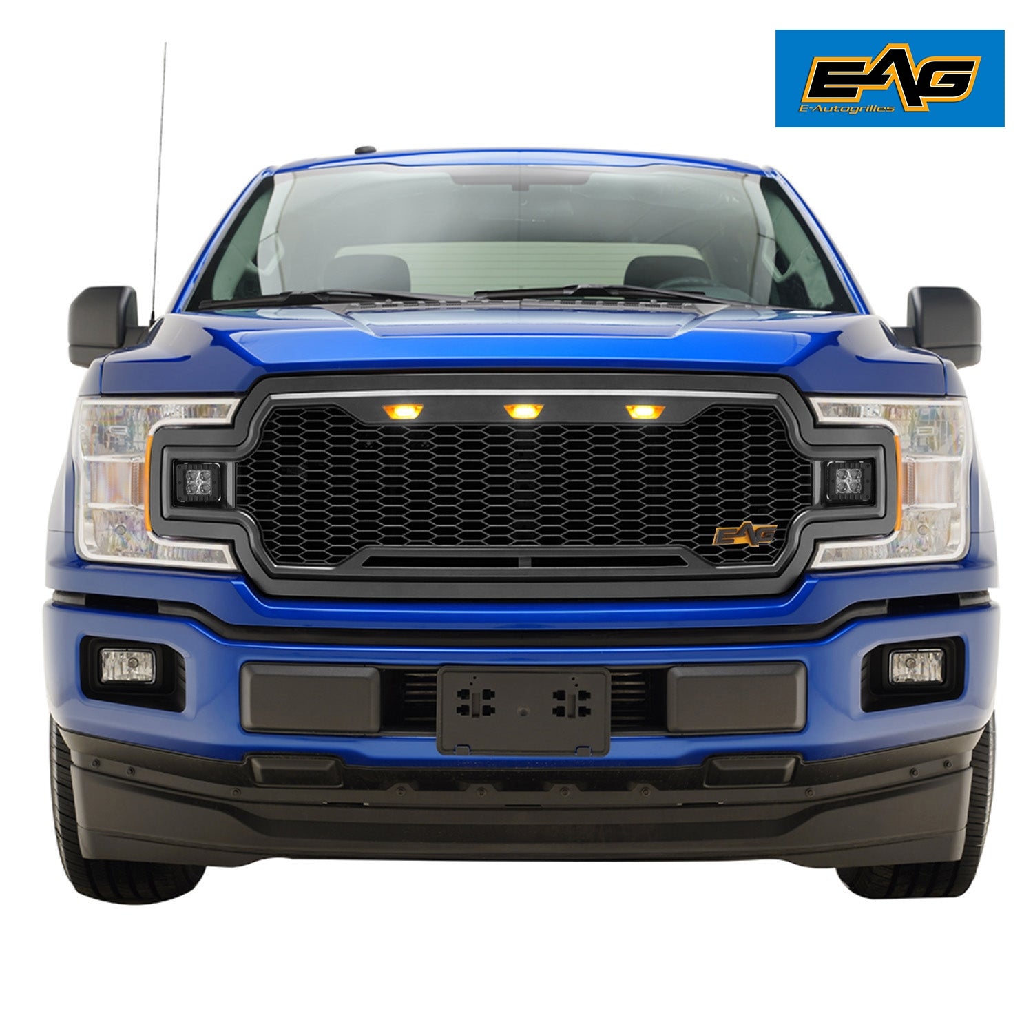 EAG Replacement Upper Grille ABS Front Mesh Grill Fit for 18-19 Ford F150 - Matte Black - with Three Amber LED Lights and Two 12W Square LED Lights