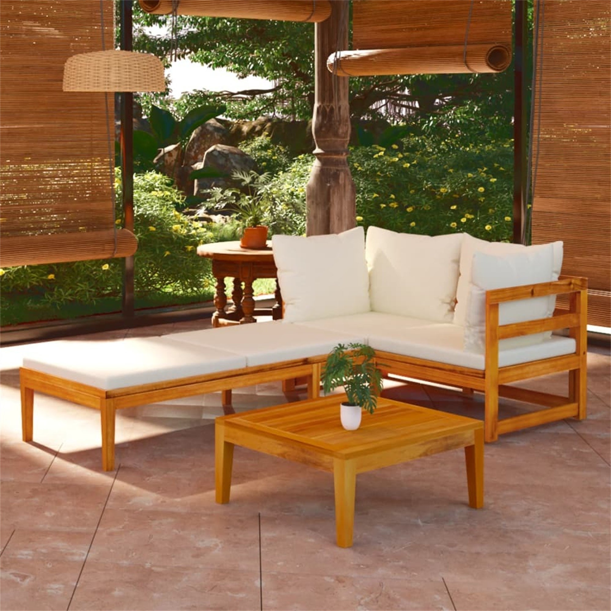 3 Piece Patio Outdoor Lounge Set with Cream White Cushions Acacia Wood