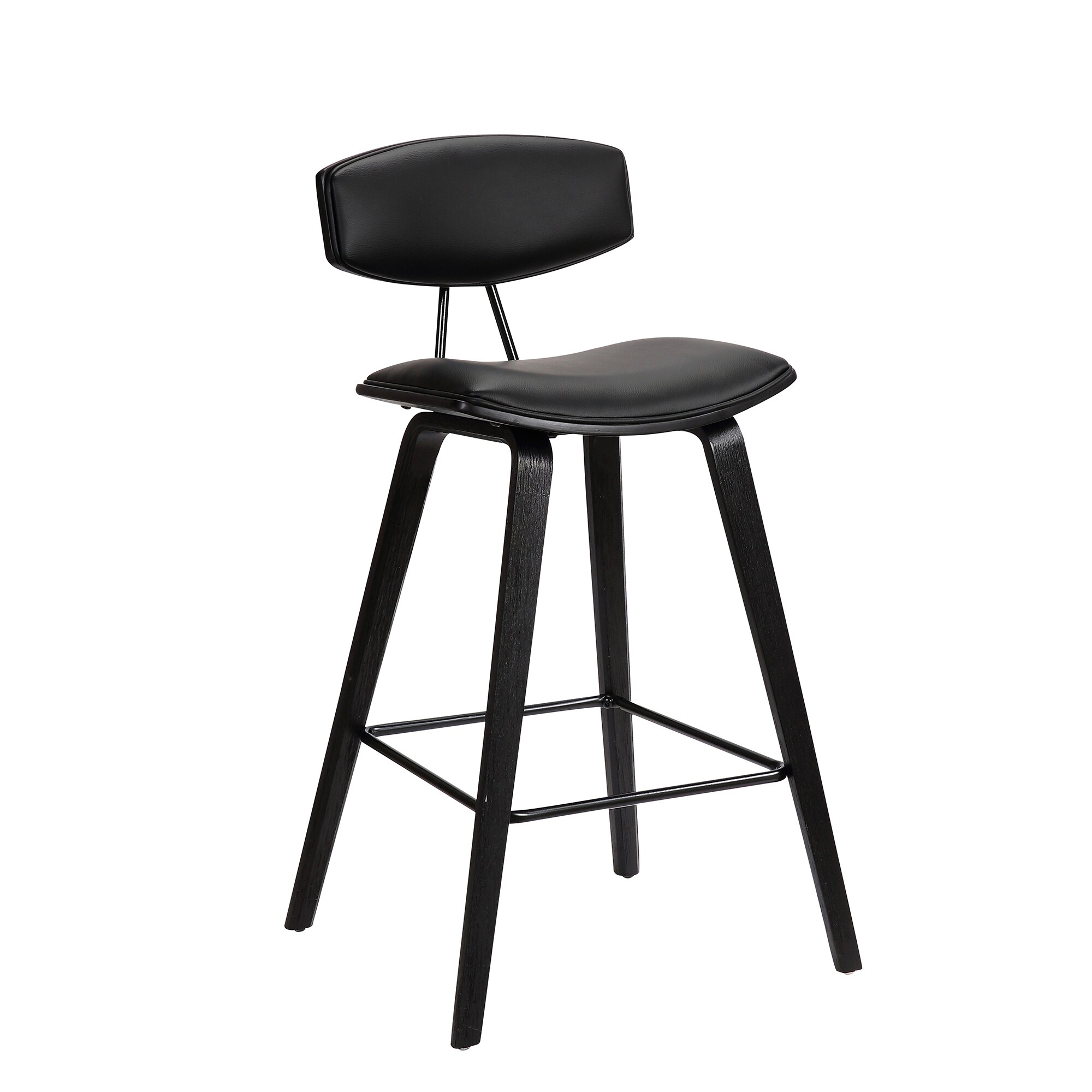 Counter Height Wooden Bar Stool with Curved Leatherette Seat， Black