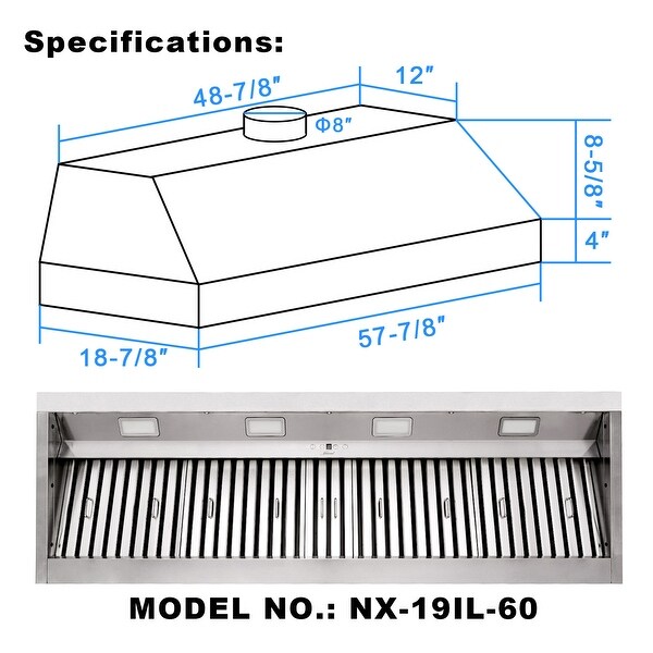 30-60Inch Insert/Built-in Range Hood， Ultra Quiet， Powerful Suction Stainless Steel Kitchen Vent Hood with Dimmable LED Light