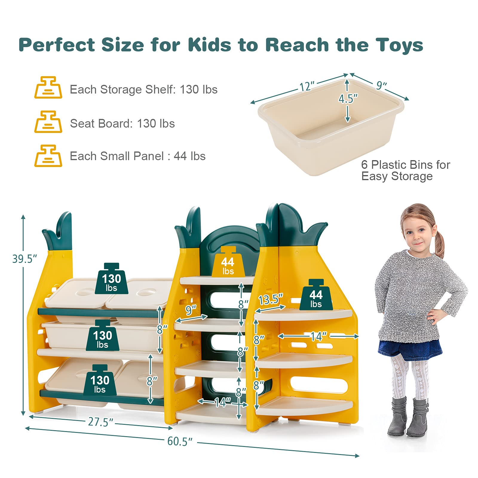 Costzon Kids Toy Storage Organizer, 3-Tier Bookshelf Corner Rack w/ 6 Bins & 7 Shelves Free Combination