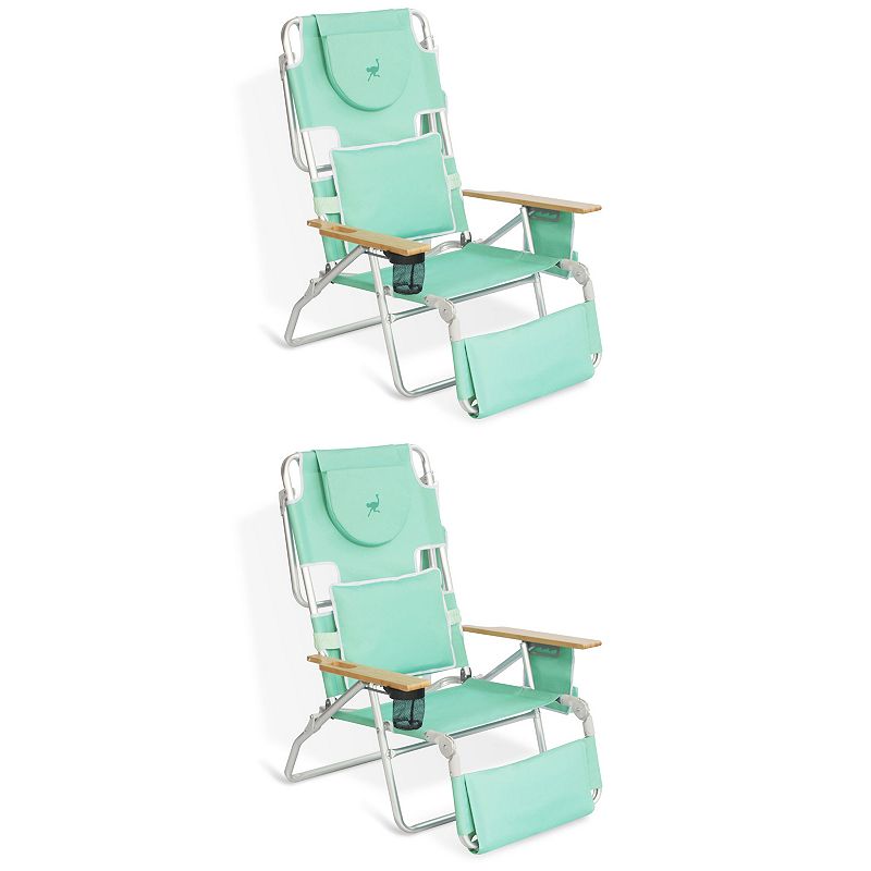 Ostrich Deluxe Padded 3-n-1 Outdoor Folding Reclining Beach Chair， Teal (2 Pack)