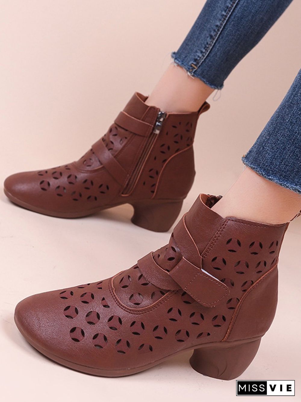 Vintage Cutout Chunky Heel Boots