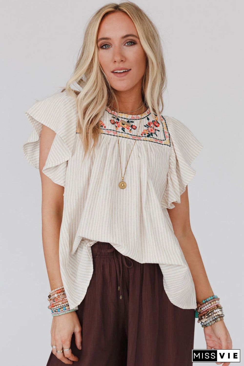 Stripe Ruffled Sleeve Embroidered Blouse