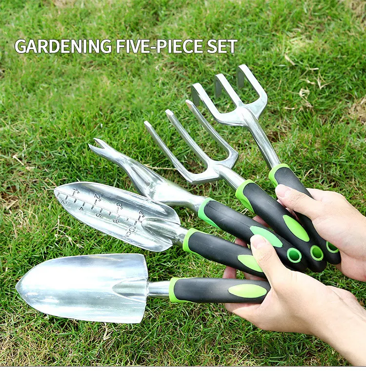 Pink Gardening Hand Tools with Wooden Handle Weeder Fork Rake Trowel Transplanter Pruner Digging Garden Tools Set