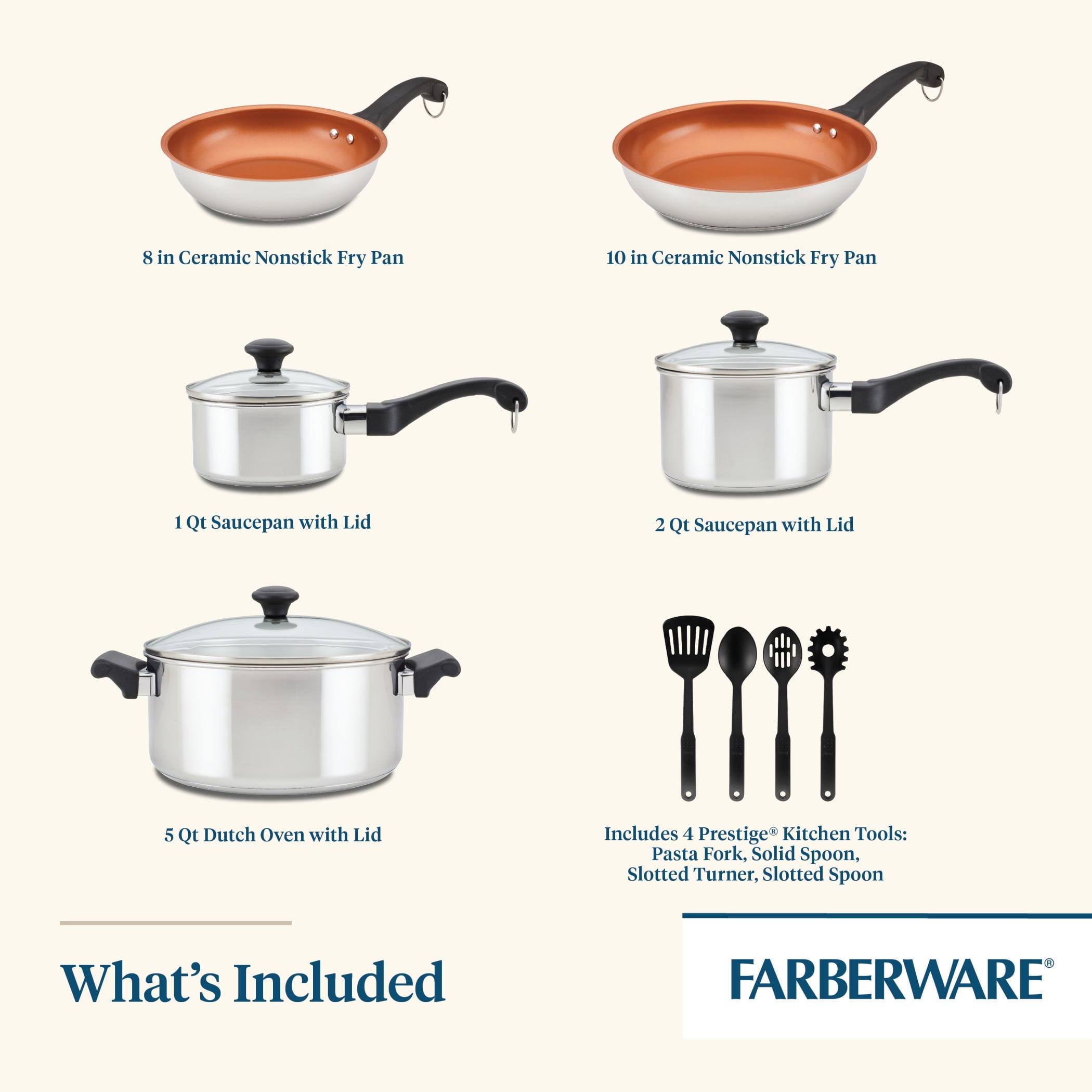 Farberware Classic Traditions Stainless Steel Cookware Set with Ceramic Frypans, 12-Piece Set