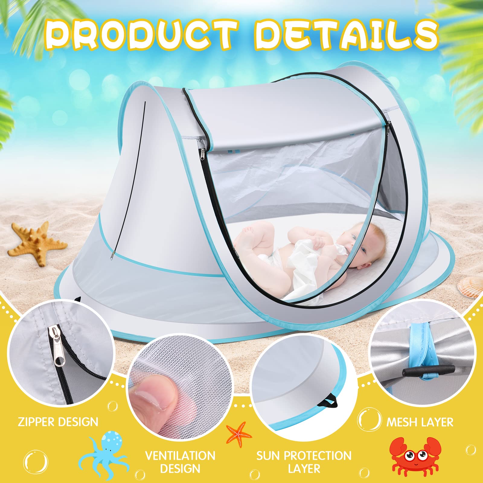 IMMEKEY Baby Beach Tent，Large Pop Up Sun Shade for Beach，Portable Baby Travel Tent with Mosquito Net，UPF 50+ UV Protection Sun Shelters for Infants Gray