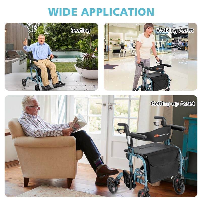 2 in 1 Rollator Walker Wheelchair Folding Medical Walker Rolling Transport Chair Mobility Walking Aid