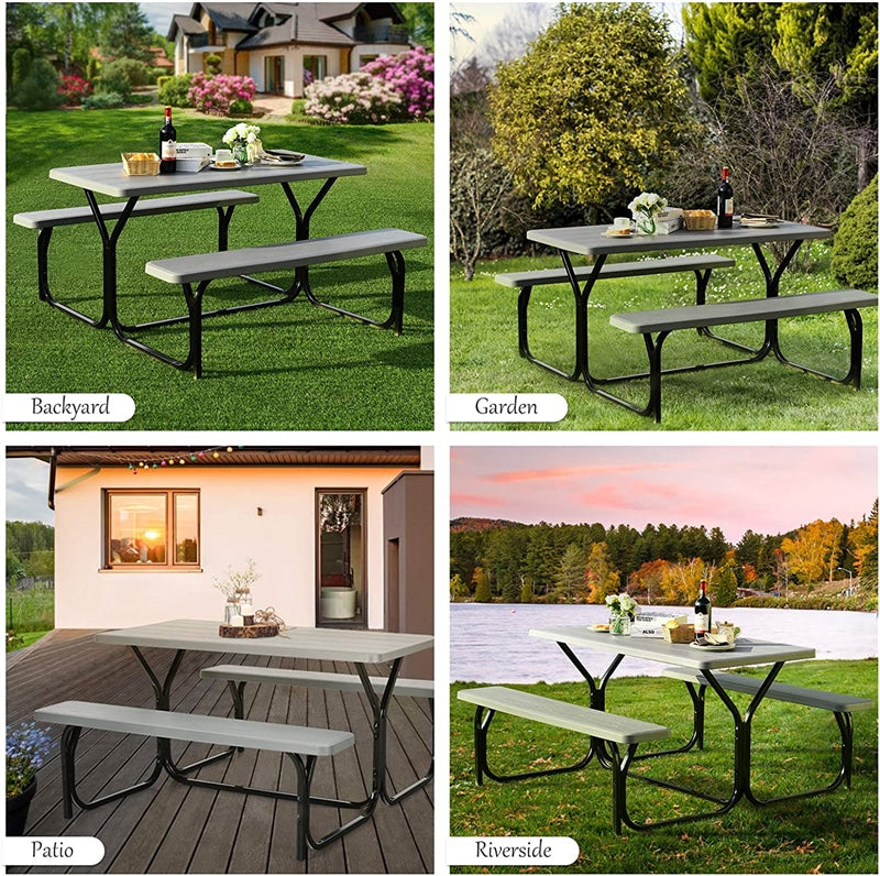 Outdoor Picnic Table Bench Set, All-Weather Dining Table Set, Metal Base Wood-Like Texture, Large Camping Table for Lawn Garden Backyard