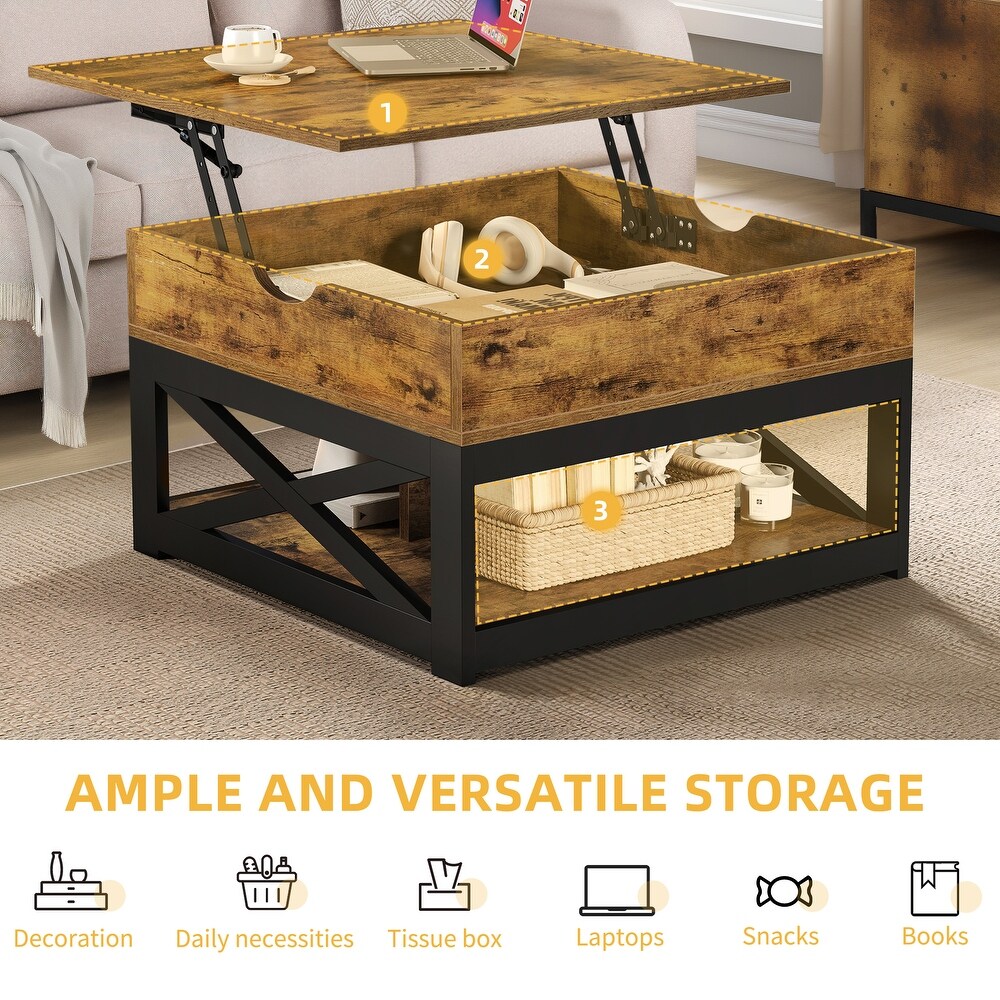 Moasis Farmhouse Lift Top Square Coffee Table with Storage and Shelf