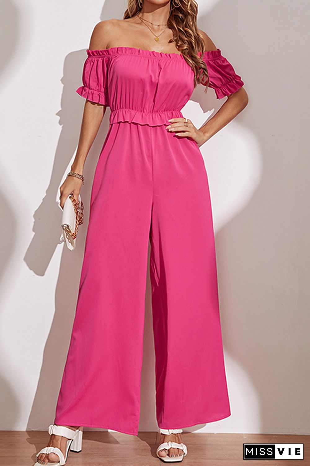 Rose Off Shoulder Ruffles One Piece Jumpsuit