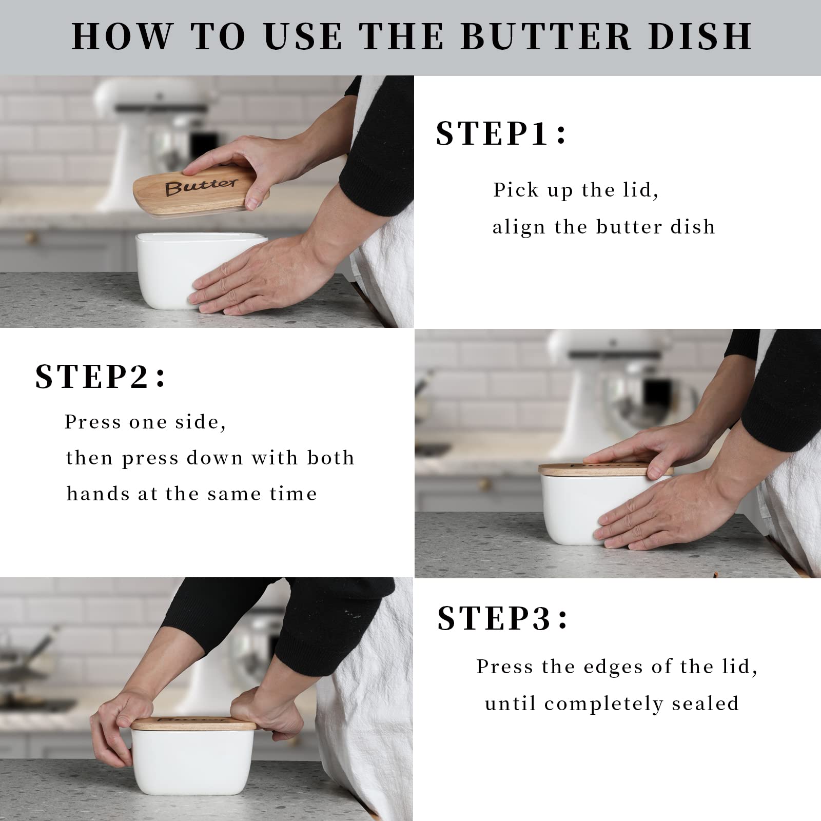 Butter Dish with Wooden Lid- Large Ceramics Covered Butter Holder for Countertop， Butter Keeper Container Perfect for Holds 4X 4oz West/East Coast Butter， White