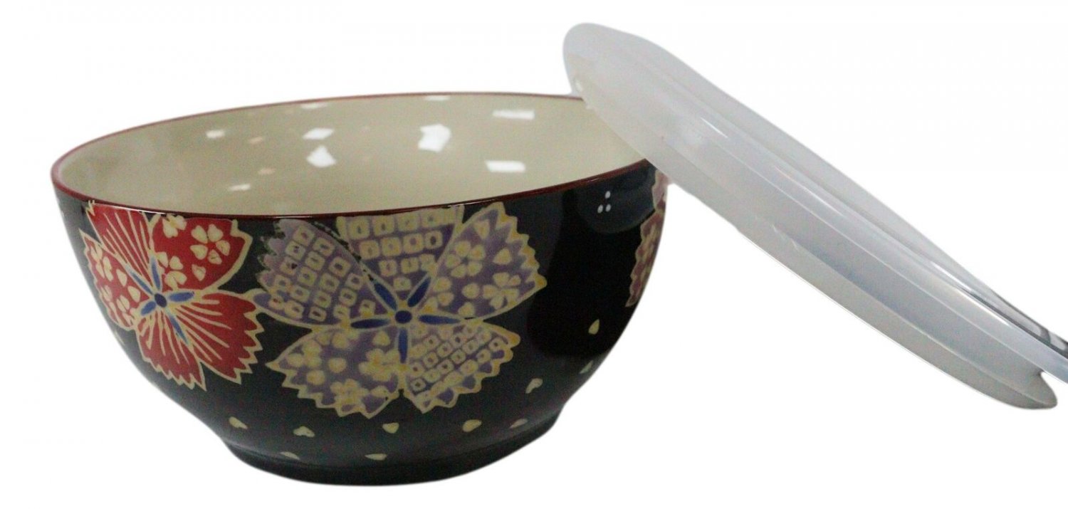 1 Set of 2 Ceramic Midnight Floral Blossoms Portion Meal Bowls 5 Cups Airtight Lid EBR02