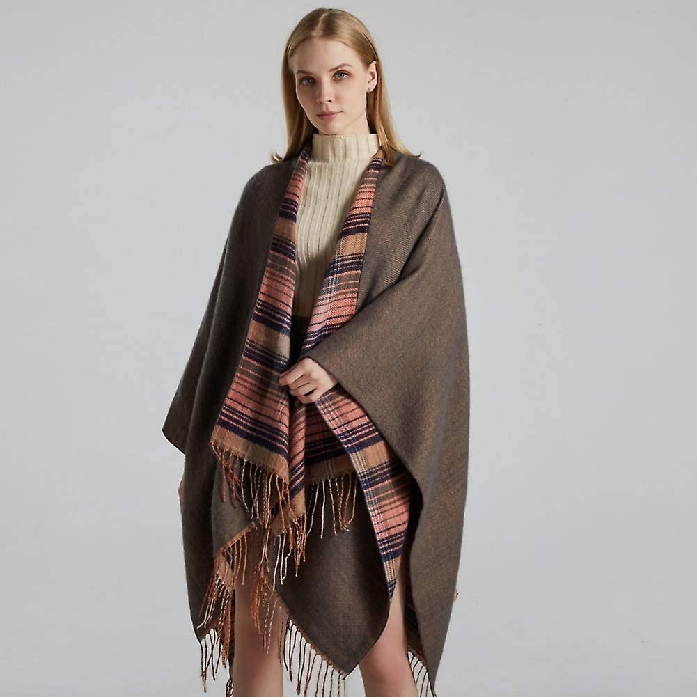 Women's Tassel Plaid Poncho Pashmina Shawl Wrap Cape Sweater Pink Blue -