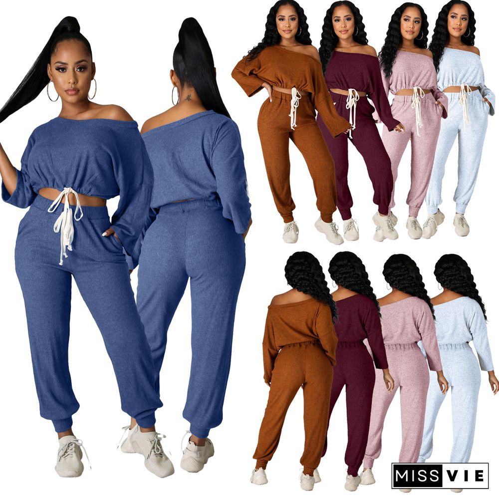 Solid Color Slant Shoulder Crop Top Pencil Pants Set