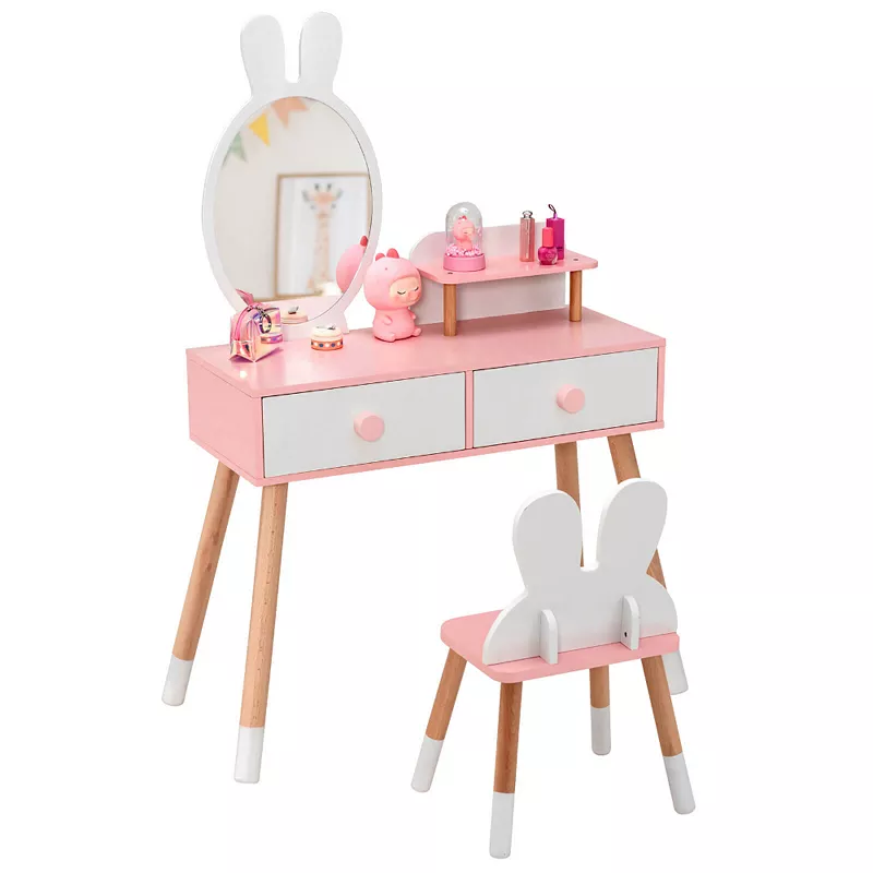 Kids Vanity Table and Chair Set with Drawer Shelf and Rabbit Mirror