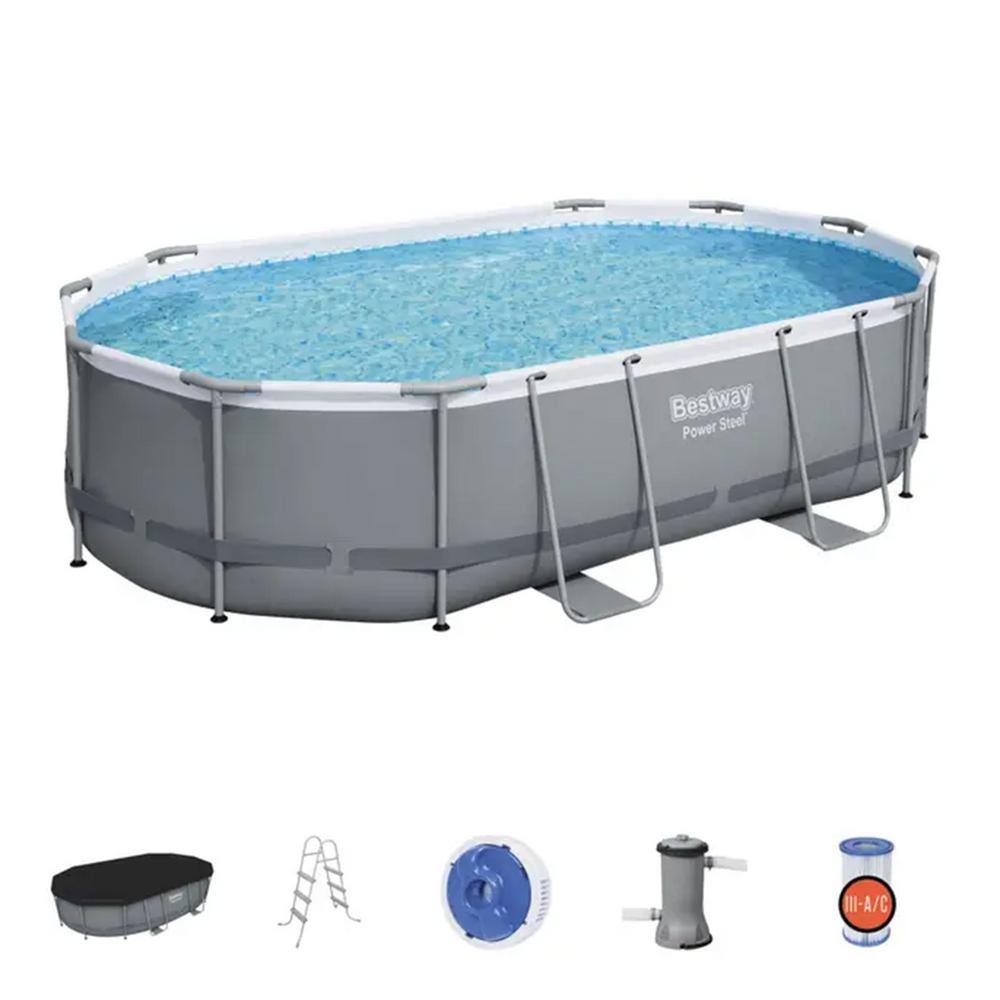 Bestway 16 ft. x 10 ft. Oval 42 in. Soft-Side Above Ground Swimming Pool Set 56655E-BW