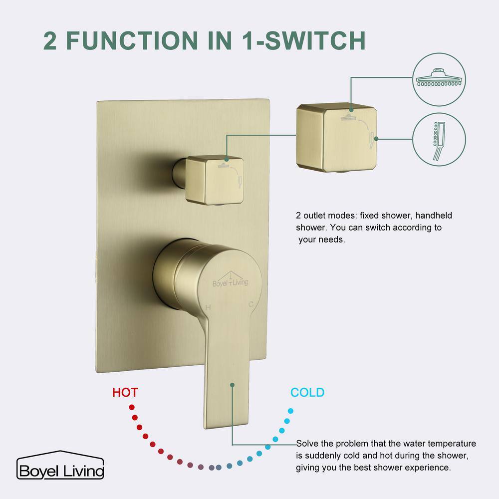 Boyel Living 1-Spray Patterns with 2.66 GPM 10 in. Wall Mount Dual Shower Heads with Rough-In Valve Body and Trim in Brushed Gold SMD-88001BG