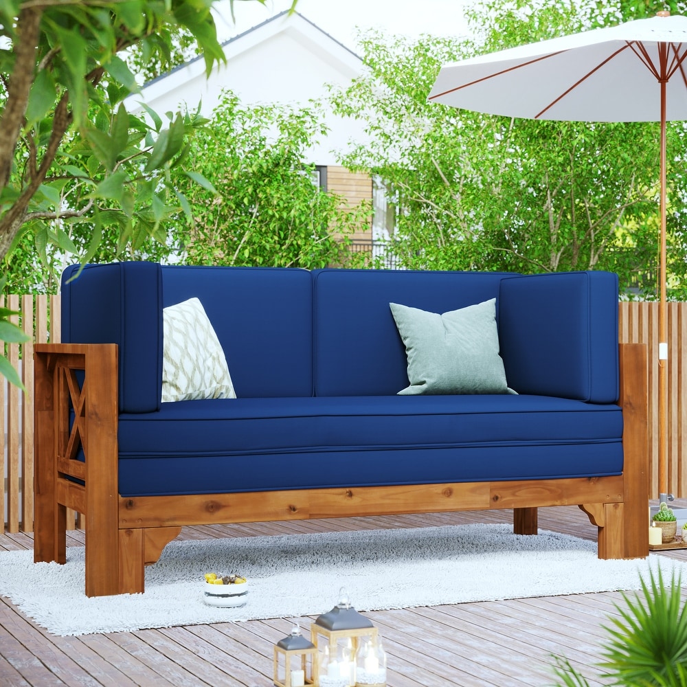 Outdoor Patio Extendable Wooden Sofa Set Sectional Furniture Set with Thick Cushions for Balcony Backyard  Poolside