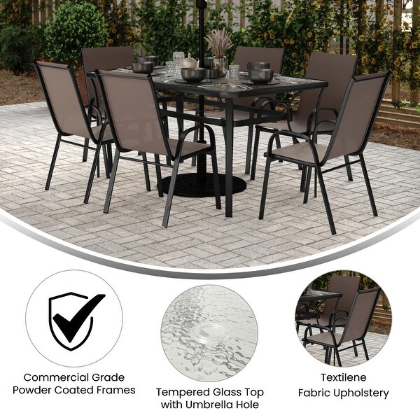 Commercial 7 Pc Outdoor Patio Dining Set with Glass Table and 6 Chairs