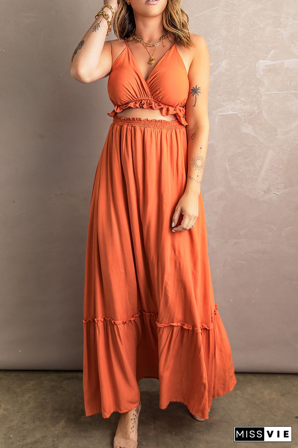 Orange Ruffled Cut-out Spaghetti Strap Sleeveless Long Dress