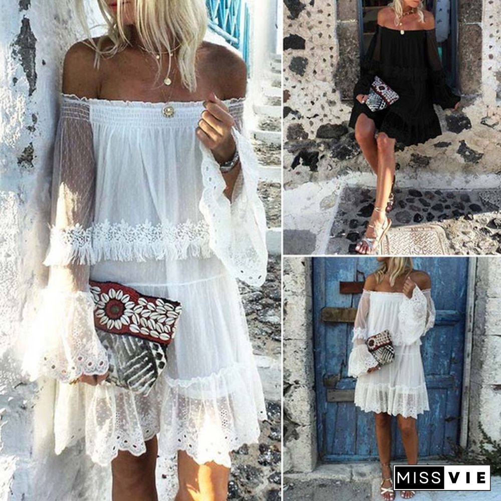 Women Bell Sleeve Lace Crochet Mini Dress Summer Beach Shirt Dress Plus