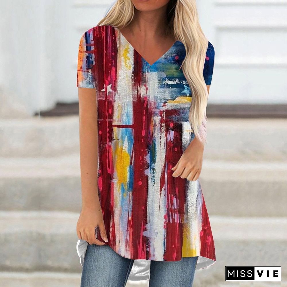 V Neck Flag Printed T-Shirt