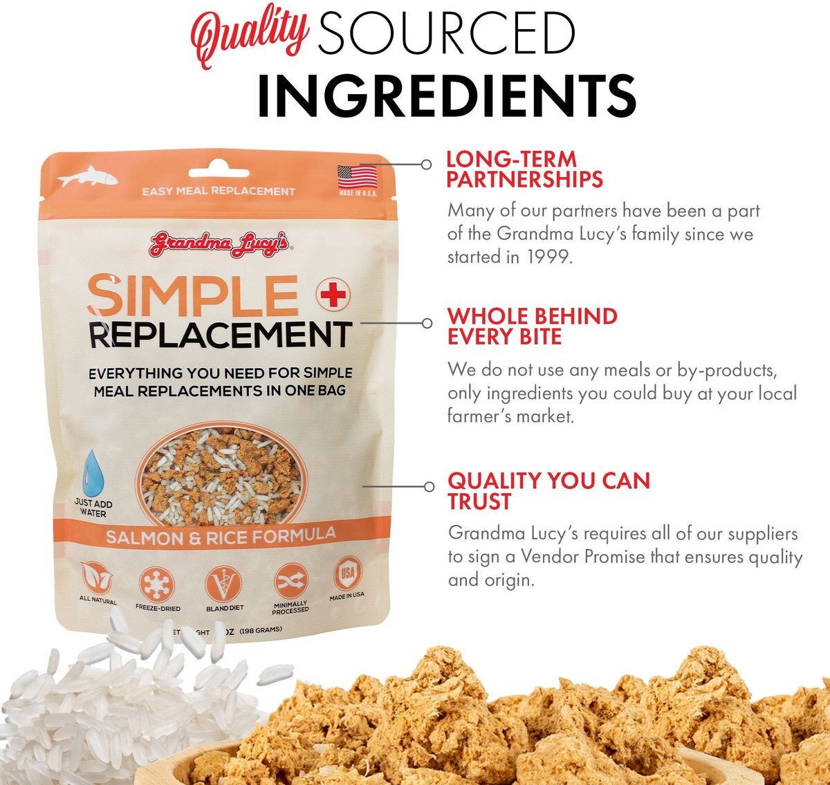 Grandma Lucy's Simple Replacement Salmon and Rice Formula Freeze-Dried Dog Food， 7-oz bag