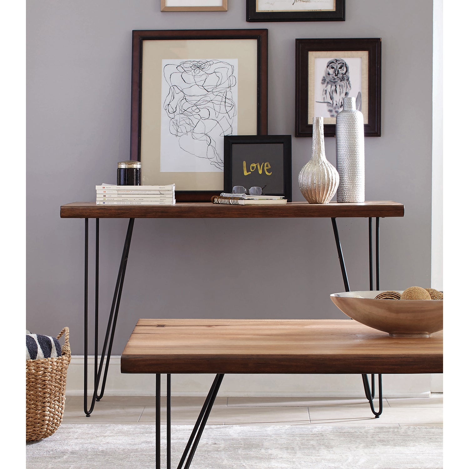 Sofa Table with Hairpin Legs Natural Honey and Gunmetal