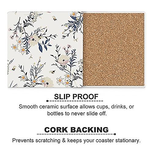 Colourlife Botanical Motifs Printed Square Ceramic Coaster For Drinks With Cork Base For Coffee Cups Place Mats For Home Decor Set Of 6 Pieces