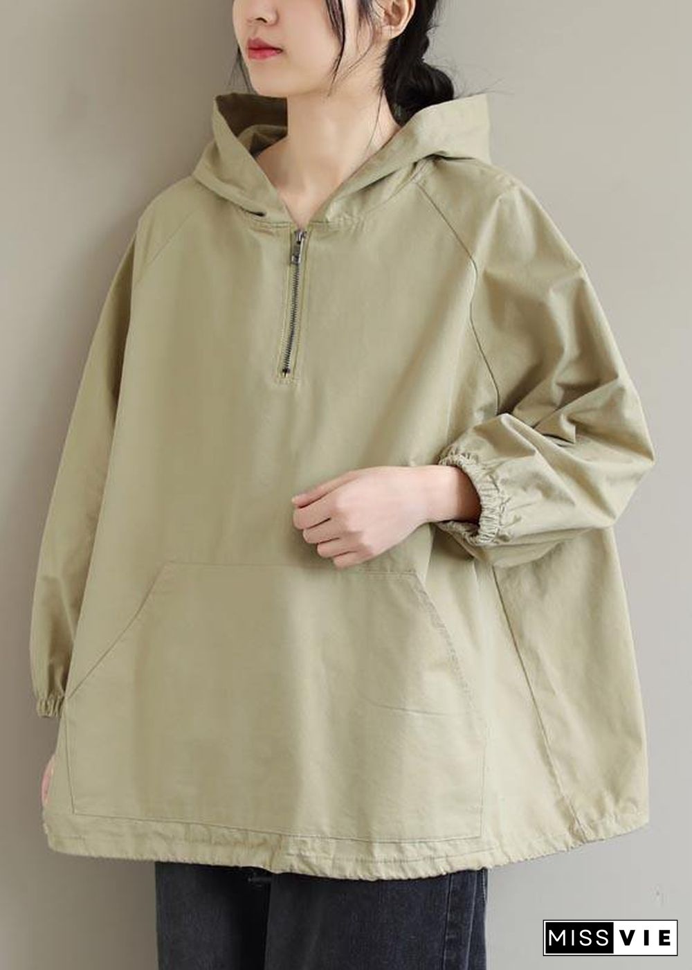 Chic Hooded Zip Up Spring Clothes For Women Work Outfits Khaki Blouses