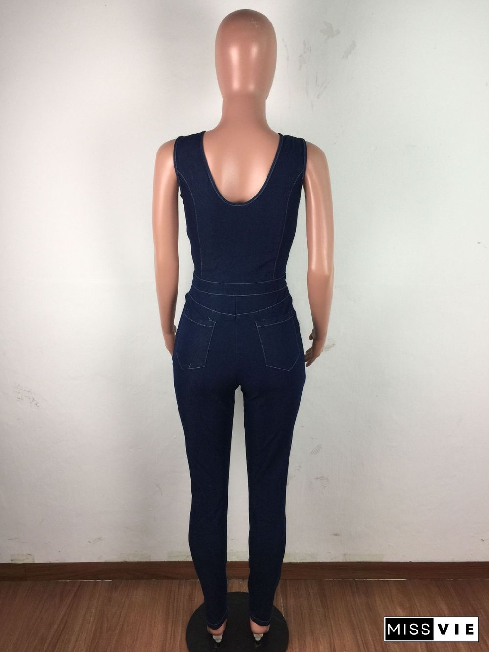 Hot Sale Deep V Sleeveless Lace Up Denim Overalls Jumpsuit