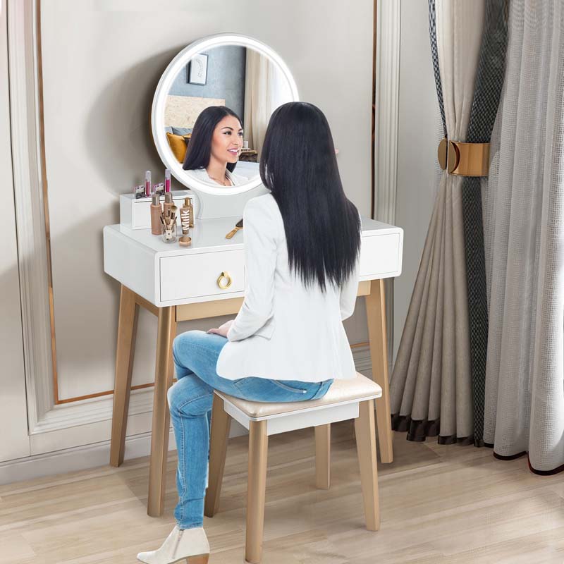 Modern Makeup Vanity Set with Touch Screen Dimming Mirror and 3 Color LED Lighting Modes, Jewelry Divider Dressing Table