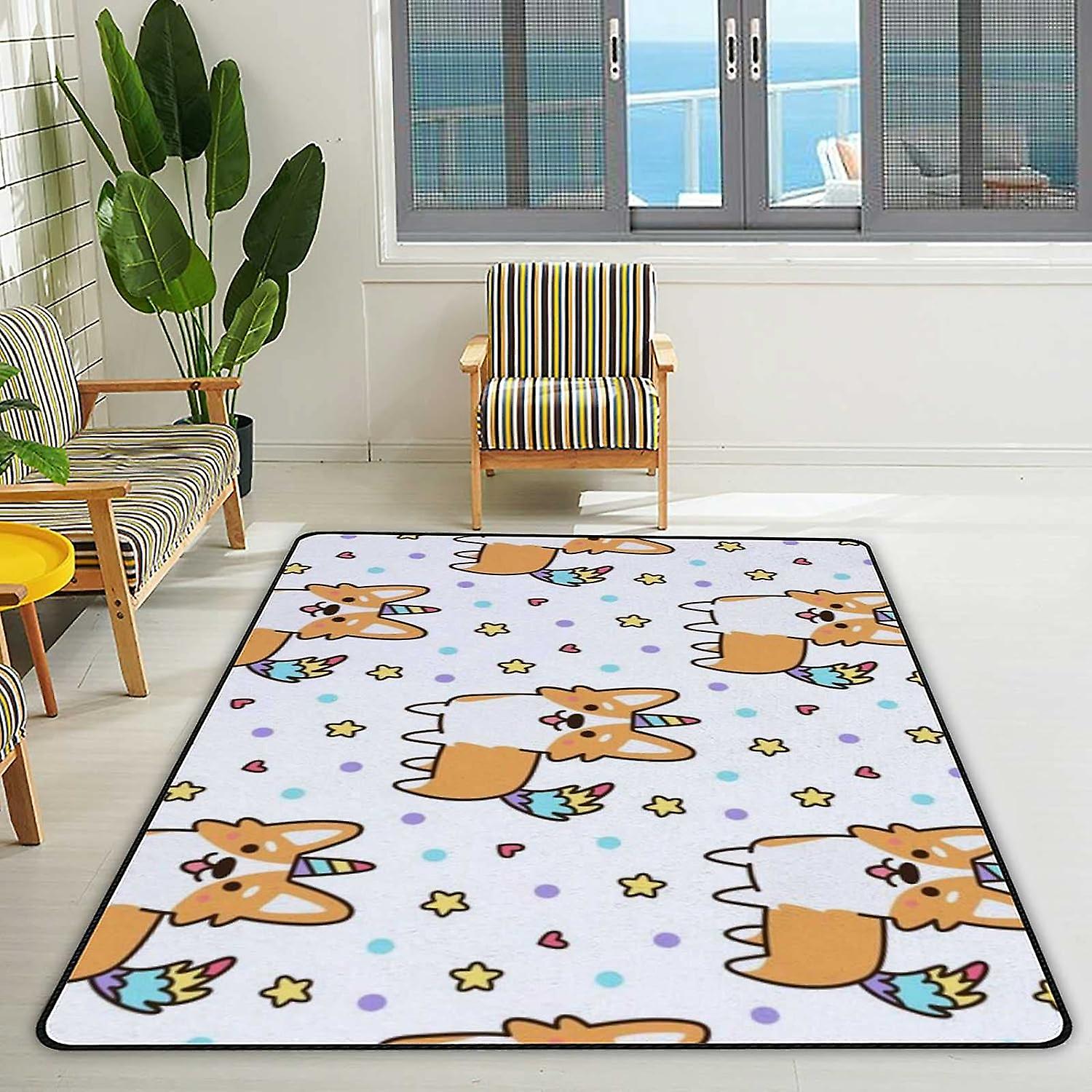 Soft Area Rugs Cartoon Corgis Pattern Floor Carpet Mat For Kids Playing Room Hardwood Floor Living Room 63x48in