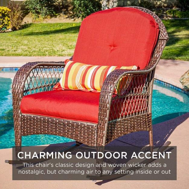 Best Choice Products Outdoor Wicker Rocking Chair For Patio Porch W Steel Frame Weather resistant Cushions Red