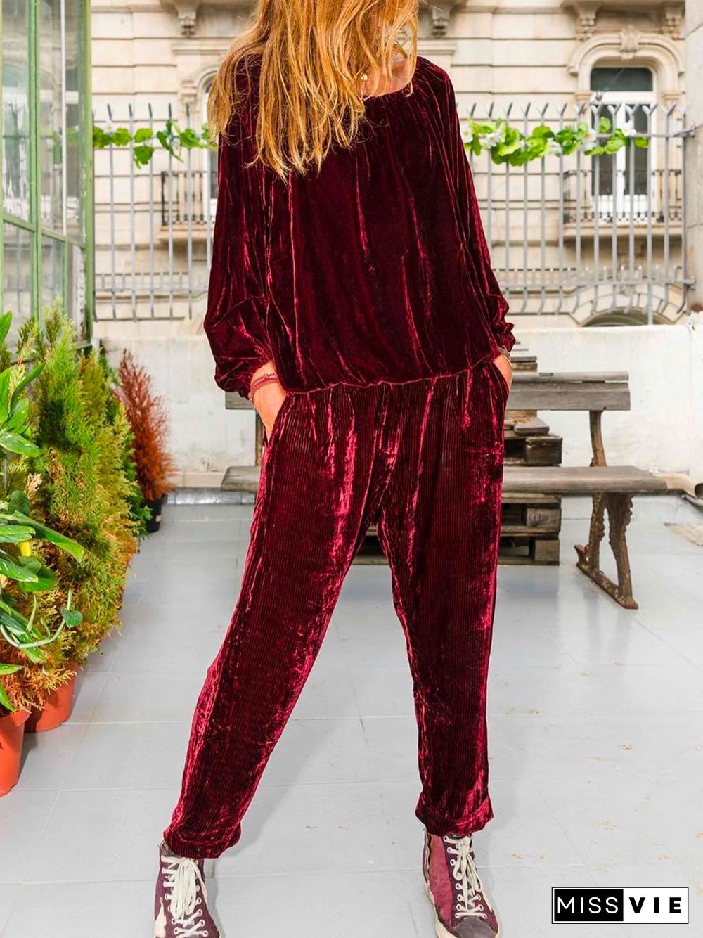 Crew Neck Velvet Loose Jumpsuit & Romper